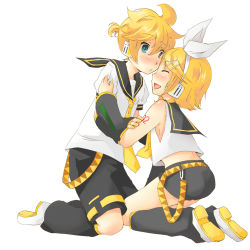 Rule 34 | 1boy, 1girl, bad id, bad pixiv id, blonde hair, blue eyes, blush, brother and sister, closed eyes, detached sleeves, hair ornament, hair ribbon, hairclip, headphones, hetero, kagamine len, kagamine rin, kiss, kneeling, m eme, necktie, open mouth, ribbon, short hair, shorts, siblings, smile, twins, vocaloid, yellow necktie
