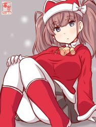 Rule 34 | artist logo, atlanta (kancolle), black skirt, boots, breasts, brown background, brown hair, collared shirt, dated, gloves, grey eyes, hat, kanon (kurogane knights), kantai collection, large breasts, long hair, long sleeves, looking at viewer, one-hour drawing challenge, pantyhose, red hat, red sweater, ryuujou (kancolle), ryuujou kai ni (kancolle), santa costume, shirt, simple background, sitting, skirt, sweater, two side up, white background, white gloves, white pantyhose, white shirt