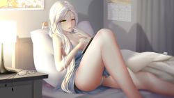 Rule 34 | 1girl, artist request, bare arms, bare legs, blue dress, breasts, calendar (object), cleavage, collarbone, condom, condom wrapper, dress, game cg, green eyes, hair between eyes, hair over shoulder, half-closed eyes, hamster, indoors, large breasts, lens life, long hair, non-web source, on bed, one eye closed, open mouth, panties, pillow, reading, short dress, sitting, sleepwear, sleeveless, sleeveless dress, solo, tears, thighs, underwear, very long hair, white hair, white panties, yawning