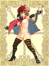 Rule 34 | 1girl, bikini, breasts, brown hair, cameltoe, covered erect nipples, elbow gloves, full body, gloves, gun, handgun, high heels, kerberos blade, large breasts, mouth hold, navel, non-web source, official art, plaid headwear, ryoji (nomura ryouji), short hair, solo, standing, striped clothes, striped gloves, striped thighhighs, swimsuit, thighhighs, unworn gloves, weapon, white bikini, yellow background