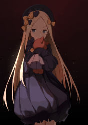 Rule 34 | 1girl, abigail williams (fate), absurdres, black bow, black dress, blonde hair, blue eyes, bow, commentary, cowboy shot, dress, duan zhu, expressionless, fate/grand order, fate (series), hair bow, hat, highres, holding, holding stuffed toy, long hair, long sleeves, multiple hair bows, orange bow, sleeves past fingers, sleeves past wrists, solo, standing, stuffed animal, stuffed toy, teddy bear, very long hair