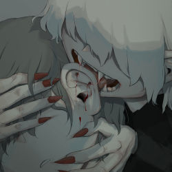 Rule 34 | 2boys, absurdres, avogado6, bite mark, bleeding, blood, blood string, commentary request, covered eyes, fangs, fingernails, grey hair, hair between eyes, highres, male focus, multiple boys, nail polish, open mouth, original, parted lips, pointy ears, red nails, vampire