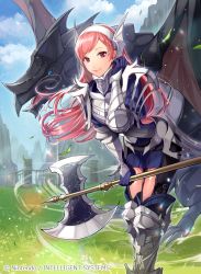Rule 34 | 1girl, axe, battle axe, cherche (fire emblem), day, dragon, fire emblem, fire emblem awakening, fire emblem cipher, hairband, holding, holding weapon, lips, long hair, looking at viewer, matsurika youko, nintendo, official art, outdoors, pink hair, red eyes, solo, weapon, wyvern