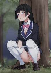 Rule 34 | 1girl, black hair, black jacket, blue eyes, blush, bow, collared shirt, convenient censoring, exhibitionism, highres, hime cut, jacket, long hair, maanii, nijisanji, outdoors, panties, panty pull, parted lips, peeing, pink bow, public indecency, school uniform, shirt, solo, squatting, sweater vest, thighhighs, tree, tsukino mito, tsukino mito (1st costume), underwear, virtual youtuber, white panties, white shirt, white thighhighs