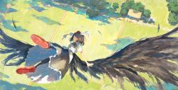 Rule 34 | 1girl, bird wings, black feathers, black hair, black legwear, black skirt, black wings, feathers, fjsmu, from above, grass, hat, highres, house, looking at viewer, outdoors, pom pom (clothes), red eyes, red footwear, red hat, scenery, shameimaru aya, shirt, short hair, skirt, solo, tokin hat, touhou, tree, white shirt, wings