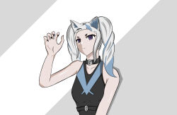 Rule 34 | 1girl, animal ears, bare arms, bare shoulders, black choker, cat ears, cat girl, choker, claw pose, closed mouth, collarbone, drill hair, frown, hair ornament, hairpin, highres, interworld, long hair, looking at viewer, muchdoge, multicolored hair, original, paw pose, purple eyes, simple background, slit pupils, solo, twin drills, upper body, white background, white hair