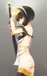Rule 34 | 1girl, ass, backless outfit, bare back, bare shoulders, black hair, breasts, closed mouth, from side, glint, grey background, hair between eyes, headband, headgear, holding, holding sword, holding weapon, looking at viewer, naik, original, profile, red eyes, revealing clothes, sheath, short hair with long locks, small breasts, solo, sword, thighhighs, unsheathing, weapon
