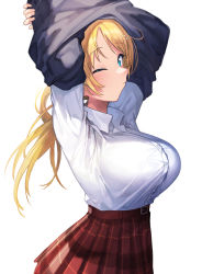 Rule 34 | 1girl, absurdres, arms up, belt, black sweater, blonde hair, blouse, blue eyes, breasts, buttons, closed mouth, clothes lift, collared shirt, commentary request, cowboy shot, dress shirt, from side, hachimiya meguru, hair ornament, hairclip, highres, idolmaster, idolmaster shiny colors, large breasts, lifting own clothes, light blush, long hair, looking at viewer, looking to the side, miniskirt, one eye closed, plaid, plaid skirt, pleated skirt, red skirt, school uniform, shirt, shirt tucked in, sideways glance, signalviolet, simple background, skirt, solo, standing, sweater, sweater lift, swept bangs, taut clothes, taut shirt, undressing, white background, white shirt