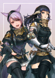 Rule 34 | 2girls, absurdres, animal ears, au ra, black gloves, black hair, blue eyes, boots, breasts, cam (cammero95713700), cat ears, dragon horns, final fantasy, final fantasy xiv, fingerless gloves, gloves, heterochromia, highres, holding another&#039;s arm, horns, long hair, looking at viewer, medium breasts, miqo&#039;te, multiple girls, open mouth, pink hair, red eyes, scales, short hair, thigh boots, warrior of light (ff14), white gloves