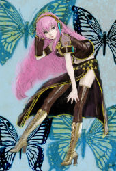 Rule 34 | 1girl, bad id, bad pixiv id, blue eyes, boots, bug, butterfly, bug, knee boots, leaning forward, long hair, megurine luka, midriff, pink hair, ponsuke (pon00000), skirt, solo, thighhighs, vocaloid
