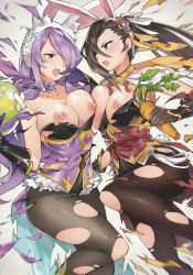 Rule 34 | 2girls, alternate costume, animal ear fluff, animal ears, bare shoulders, black gloves, blush, breast press, breasts, brown eyes, brown hair, camilla (fire emblem), camilla (spring) (fire emblem), carrot, choker, cleavage, collarbone, easter egg, egg, exploding clothes, eye contact, fake animal ears, fake tail, fire emblem, fire emblem fates, fire emblem heroes, flower, ge-b, gloves, hair flower, hair ornament, hair over one eye, highres, holding, kagero (fire emblem), kagero (spring) (fire emblem), large breasts, leotard, long hair, looking at another, multiple girls, nintendo, nipples, open mouth, pantyhose, playboy bunny, ponytail, purple eyes, purple hair, rabbit ears, rabbit tail, simple background, tail, torn clothes, torn legwear, very long hair, white background