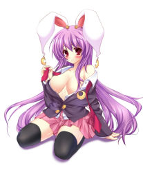 Rule 34 | 1girl, animal ears, bare shoulders, black thighhighs, blush, breasts, colorized, crescent, crescent earrings, earrings, female focus, highres, jewelry, large breasts, long hair, no bra, noumin, off shoulder, open clothes, open shirt, purple hair, rabbit ears, red eyes, reisen udongein inaba, shirt, skirt, solo, thighhighs, touhou