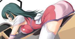 Rule 34 | 00s, 1girl, ass, bent over, blush, breasts, earrings, elbow gloves, gloves, green hair, jewelry, kotona elegance, large breasts, long hair, looking back, ribbon, solo, tanaka shoutarou, thighhighs, zettai ryouiki, zoids, zoids genesis