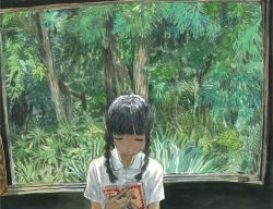 Rule 34 | 1girl, black hair, blunt bangs, book, braid, bug, cicada, closed eyes, collared shirt, dress shirt, facing viewer, hands up, highres, holding, holding book, indoors, insect, long hair, low twintails, minahamu, nature, open book, original, reading, shirt, short sleeves, solo, traditional media, tree, twin braids, twintails, upper body, white shirt, window