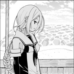 Rule 34 | 10s, 1girl, beach, braid, breasts, detached sleeves, elbow gloves, from side, gloves, greyscale, hikawa79, kantai collection, long hair, looking at viewer, looking to the side, monochrome, neckerchief, ocean, school uniform, serafuku, sideboob, single braid, sky, small breasts, solo, umikaze (kancolle), very long hair, waves