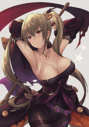 Rule 34 | 1girl, alternate costume, armpits, arms behind head, arms up, azur lane, bat hair ornament, belt, black detached sleeves, black dress, black leotard, black pantyhose, blonde hair, blush, breasts, broom, buckle, cape, cleavage, closed mouth, collarbone, commentary request, cowboy shot, detached sleeves, dress, embarrassed, female focus, food-themed hair ornament, gem, hair ornament, halloween, halloween costume, hat, unworn hat, unworn headwear, highres, holding, holding broom, holding clothes, holding hat, jack-o&#039;-lantern, jewelry, large breasts, leotard, long hair, looking at viewer, neck, necklace, nelson (azur lane), nelson (luna witch) (azur lane), pantyhose, parfaitlate, potion, pumpkin hair ornament, purple leotard, red eyes, red gemstone, sidelocks, signature, simple background, solo, strapless, strapless dress, strapless leotard, thigh strap, thighband pantyhose, twintails, very long hair, white background, wide sleeves, witch, witch hat