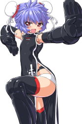 Rule 34 | 10s, 1girl, :d, altines, bad id, bad pixiv id, black thighhighs, blue hair, blush, busou shinki, china dress, chinese clothes, dd (ijigendd), doll joints, double bun, dress, hair bun, joints, open mouth, outstretched arm, panties, red eyes, short hair, simple background, smile, solo, thighhighs, underwear, white background, white panties