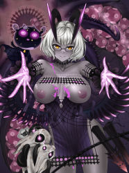 Rule 34 | 1girl, absurdres, bare shoulders, black dress, breasts, breasts out, choker, collarbone, colored skin, detached sleeves, dress, fate/grand order, fate (series), glasses, grey hair, grey skin, highres, horns, jacques de molay (foreigner) (fate), jacques de molay (foreigner) (third ascension) (fate), lamb, large breasts, looking at viewer, nipples, outstretched arms, sheep, short dress, short hair, smile, thighs, yellow eyes, ytoy