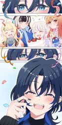 5girls absurdres birthday_cake black_hair blonde_hair blue_eyes blue_hair blue_nails blush cake closed_eyes closed_mouth food fortissimo gift grey_hair hair_ornament hair_ribbon hairpin highres hiodoshi_ao hiodoshi_ao_(1st_costume) holding holding_gift hololive hololive_dev_is ichijou_ririka ichijou_ririka_(1st_costume) jewelry juufuutei_raden juufuutei_raden_(1st_costume) kentotto long_hair looking_at_viewer medium_hair multicolored_hair multiple_girls musical_note musical_note_hair_ornament nail_polish one_eye_closed one_side_up open_mouth orange_eyes orange_hair otonose_kanade otonose_kanade_(1st_costume) pink_shirt purple_hair red_ribbon regloss_(hololive) ribbon ring shirt short_hair smile streaked_hair tears teeth todoroki_hajime todoroki_hajime_(1st_costume) two_side_up upper_teeth_only virtual_youtuber