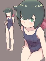 Rule 34 | 1girl, absurdres, breasts, constanze amalie von braunschbank-albrechtsberger, feet, green eyes, green hair, hair ribbon, highres, little witch academia, multiple views, one-piece swimsuit, peace symbol, ribbon, small breasts, swimsuit, tairanoabokado, thick eyebrows