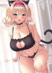 Rule 34 | 1girl, alice margatroid, animal ear fluff, animal ears, bell, blonde hair, blue eyes, blush, breasts, cameltoe, cat ears, cat girl, cat tail, clothing cutout, fang, frills, gluteal fold, hairband, highres, huge breasts, jingle bell, looking at viewer, panties, paw pose, reijing etrn, short hair, side-tie panties, solo, tail, tail raised, thighs, touhou, underwear