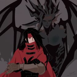 Rule 34 | 00323z, black hair, cloak, covered mouth, demon, demon wings, dirge of cerberus final fantasy vii, final fantasy, final fantasy vii, gauntlets, gloves, headband, long hair, looking to the side, red eyes, smile, square enix, vincent valentine, wings