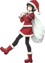 Rule 34 | 1girl, adapted costume, black hair, black pantyhose, boots, brown eyes, full body, fur-trimmed boots, fur-trimmed shirt, fur-trimmed skirt, fur trim, hat, kantai collection, looking at viewer, miyuki (kancolle), pantyhose, red footwear, red sailor collar, red skirt, sack, sailor collar, sakura (medilore), santa costume, santa hat, shirt, short hair, skirt, solo, transparent background, wavy hair