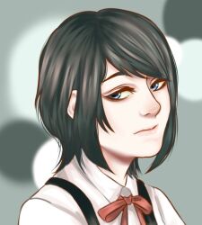 Rule 34 | 1girl, black hair, blue eyes, bow, bowtie, closed mouth, collared shirt, danganronpa: trigger happy havoc, danganronpa (series), eyebrows, eyebrows hidden by hair, female focus, freckles, ghostiewillows, green background, ikusaba mukuro, looking at viewer, looking to the side, medium hair, neck ribbon, nose, pink lips, portrait, red bow, red ribbon, ribbon, shirt, simple background, solo, white shirt