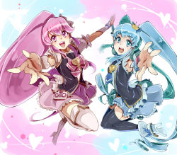 Rule 34 | 10s, 2girls, aino megumi, black legwear, blue eyes, blue hair, blue skirt, boots, bow, bowtie, brooch, crown, cure lovely, cure princess, frills, full body, happinesscharge precure!, heart, heart brooch, high heels, holding hands, ichirugi, jewelry, long hair, magical girl, mini crown, multiple girls, necktie, pink bow, pink eyes, pink hair, pink skirt, ponytail, precure, shirayuki hime, shoes, sidelocks, skirt, smile, thigh boots, thighhighs, twintails, white legwear, wide ponytail, wrist cuffs