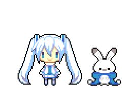 Rule 34 | 1girl, animal, animated, animated gif, blue scarf, chibi, commentary, detached sleeves, grey thighhighs, hair ornament, hatsune miku, jumping, long hair, looking at viewer, looping animation, lowres, mittens, nekosumi, official art, open mouth, pixel art, pleated skirt, pom pom (clothes), rabbit, rabbit yukine, scarf, shirt, simple background, skirt, sleeveless, sleeveless shirt, smile, thighhighs, twintails, very long hair, vocaloid, white background, white hair, white mittens, white scarf, white shirt, white skirt, yuki miku, yuki miku (2011)