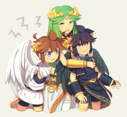 Rule 34 | 1girl, 2boys, age difference, ancient greek clothes, bare shoulders, black hair, blue eyes, blush, bracer, breasts, brown hair, child, chiton, dark pit, fallen angel, green eyes, green hair, jewelry, kid icarus, kid icarus uprising, long hair, multiple boys, necklace, nintendo, onee-shota, open mouth, palutena, pit (kid icarus), red eyes, short hair, smile, thighhighs, tiara, very long hair, white thighhighs, wings, wusagi2