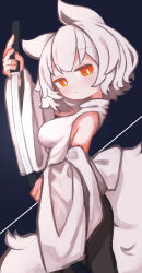 Rule 34 | 1girl, absurdres, animal ears, black background, breasts, chii (tsumami tsumamare), closed mouth, commentary, detached sleeves, from side, highres, holding, holding sword, holding weapon, inubashiri momiji, large breasts, looking at viewer, orange eyes, short hair, simple background, solo, sword, tail, touhou, weapon, white hair, wide sleeves, wolf ears, wolf girl, wolf tail