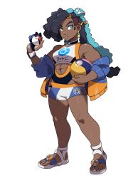 Rule 34 | 1girl, abs, absurdres, alternate muscle size, ball, black hair, blue eyes, blue eyeshadow, center opening, creatures (company), dark-skinned female, dark skin, dreadlocks, earrings, eyeshadow, female focus, full body, game freak, gloves, hair ornament, highres, holding, holding ball, jacket, jewelry, juno son, long hair, makeup, multicolored hair, muscular, muscular female, navel piercing, nessa (pokemon), nintendo, partially fingerless gloves, piercing, poke ball, pokemon, pokemon swsh, redesign, sandals, single glove, swimsuit, thick thighs, thighs, track jacket, two-tone hair, volleyball (object), white background
