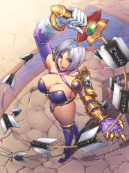 Rule 34 | 1girl, blue eyes, breasts, cleavage, full body, gloves, highres, isabella valentine, large breasts, lipstick, looking at viewer, makeup, revealing clothes, short hair, silver hair, solo, soul calibur, standing, sword, weapon