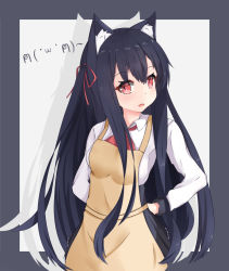 Rule 34 | 1girl, animal ear fluff, animal ears, apron, black hair, black skirt, brown apron, cat ears, chisuzu mei, collared shirt, commentary request, fang, grey background, hair between eyes, hair ribbon, hand on own hip, highres, long hair, long sleeves, looking at viewer, nagato-chan, one side up, open mouth, paryi project, pleated skirt, red eyes, red neckwear, red ribbon, ribbon, shirt, skirt, solo, two-tone background, very long hair, virtual youtuber, white shirt