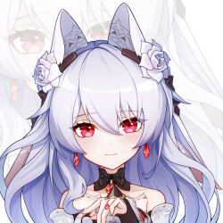 1girl absurdres ang55523671 bare_shoulders bat_tattoo chest_tattoo closed_mouth commentary_request detached_collar earrings flower hair_flower hair_ornament hand_up highres honkai_(series) honkai_impact_3rd jewelry light_blush long_hair looking_at_viewer official_alternate_costume partial_commentary portrait red_eyes ring rose smile solo tattoo theresa_apocalypse theresa_apocalypse_(luna_kindred) theresa_apocalypse_(lunar_vow:_crimson_love) theresa_apocalypse_(till_death_do_us_part) white_flower white_hair white_rose zoom_layer