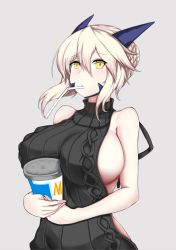 Rule 34 | artist request, artoria pendragon (fate), artoria pendragon (lancer alter) (fate), braid, breasts, cup, fate/grand order, fate (series), french braid, grey background, hair between eyes, horns, large breasts, meme attire, sideboob, sidelocks, simple background, solo, straw, virgin killer sweater, yellow eyes