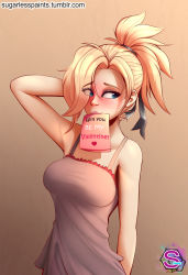 Rule 34 | 1girl, arm up, bare shoulders, blonde hair, blue eyes, blush, breasts, english text, highres, lips, looking away, makeup, mercy (overwatch), overwatch, overwatch 1, ponytail, solo, tank top, text focus, upper body, valentine