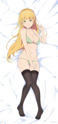 Rule 34 | 1girl, bed sheet, bikini, blonde hair, blunt bangs, breasts, cleavage, coro fae, dakimakura (medium), full body, green bikini, green eyes, heanna sumire, highres, large breasts, long hair, love live!, love live! superstar!!, lying, no shoes, on back, on bed, stomach, swimsuit, thighhighs, thighs, very long hair
