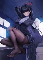 Rule 34 | 1girl, absurdly long hair, absurdres, arm behind head, arm up, black hair, black jacket, black skirt, blazer, blue archive, breasts, brown pantyhose, buttons, desk, feet, fine fabric emphasis, full body, hair ornament, hairclip, halo, highres, holding, holding tablet pc, indoors, jacket, large breasts, leg up, legs, long hair, long sleeves, looking at viewer, miniskirt, no shoes, on desk, pantyhose, parted lips, pleated skirt, pong 0012, red eyes, ribbed sweater, rio (blue archive), screen light, sitting, skirt, soles, solo, sweater, tablet pc, thighband pantyhose, thighs, toes, turtleneck, turtleneck sweater, very long hair, white sweater, window, wing collar