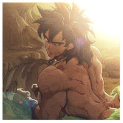 Rule 34 | 1boy, ass peek, back, bara, black hair, broly (dragon ball super), butt crack, collar, dragon ball, dragon ball super, dragon ball super broly, facial scar, from behind, frown, fur (clothing), long hair, looking back, lying, male focus, metal collar, muscular, muscular male, navel, on stomach, scar, scar on arm, scar on cheek, scar on face, solo, spiked hair, sunlight, supobi, thick eyebrows, topless male, turning head