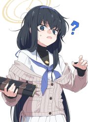 Rule 34 | 1girl, ?, absurdres, black hair, black shirt, blue archive, blue neckerchief, blush, book, cardigan, commentary, drawdrawdeimos, furrowed brow, green eyes, hairband, halo, highres, holding, holding book, jewelry, long hair, long sleeves, looking at viewer, neckerchief, off shoulder, open mouth, pendant, sailor collar, shirt, simple background, skirt, solo, sweatdrop, turtleneck, ui (blue archive), upper body, very long hair, white background, white shirt, white skirt