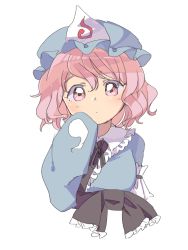 Rule 34 | 1girl, blue dress, blue hat, closed mouth, commentary request, dress, hand up, hat, long sleeves, looking at viewer, mob cap, pink eyes, pink hair, saigyouji yuyuko, sasa kichi, sash, short hair, simple background, sketch, sleeves past wrists, solo, touhou, upper body, white background