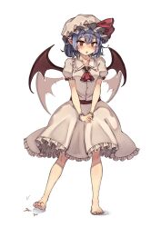 Rule 34 | 1girl, :o, ascot, bare legs, barefoot, bat wings, blue hair, blush, brown eyes, dress, feet, frilled dress, frilled sleeves, frills, hat, highres, legs, mob cap, pointy ears, red ascot, red ribbon, remilia scarlet, ribbon, seika okawari, short sleeves, tapping foot, toes, touhou, white dress, wings