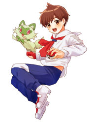 Rule 34 | 1boy, blue pants, blush, brown eyes, brown hair, collared shirt, creatures (company), florian (pokemon), game freak, gloves, happy, highres, holding, holding poke ball, looking down, male focus, mochi (mocchi p 2m), nintendo, open mouth, pants, partially fingerless gloves, poke ball, poke ball (basic), pokemon, pokemon (creature), pokemon sv, red gloves, shirt, shoes, short hair, simple background, single glove, sprigatito, teeth, upper teeth only, white background, white footwear, white shirt
