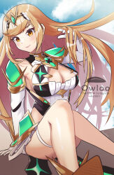 Rule 34 | 1girl, artist name, blonde hair, blue sky, breasts, chest jewel, circlet, cleavage, cleavage cutout, closed mouth, clothing cutout, core crystal (xenoblade), dress, elbow gloves, gloves, highres, large breasts, long hair, looking at viewer, mythra (xenoblade), outdoors, owloo art, sky, smile, solo, swept bangs, white dress, white gloves, xenoblade chronicles (series), xenoblade chronicles 2, yellow eyes