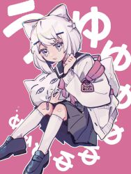 Rule 34 | 1girl, \||/, backpack, bag, bandaid, bandaid on knee, bandaid on leg, black footwear, black skirt, blunt ends, bob cut, bow, cardigan, character pillow, closed mouth, finder oji-san, frown, grey eyes, hair bow, hair ornament, hairclip, half updo, hand up, highres, holding, holding pillow, indie virtual youtuber, kneehighs, knees up, loafers, long sleeves, looking at viewer, nori katsuo, open cardigan, open clothes, pillow, pink background, school uniform, serafuku, shoes, short hair, shoulder strap, simple background, sitting, skirt, socks, solo, strap slip, tearing up, text background, translated, uyuyu-chang, virtual youtuber, white bow, white cardigan, white hair
