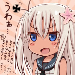 Rule 34 | 10s, 1girl, blue eyes, blush, chibi, commentary request, crop top, cross, flower, hair flower, hair ornament, iron cross, kantai collection, one-piece tan, open mouth, ro-500 (kancolle), sailor collar, school swimsuit, solo, sweat, swimsuit, swimsuit under clothes, tai (nazutai), tan, tanline, translation request