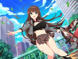 Rule 34 | 1girl, ahoge, black shirt, black socks, blazer, blue sky, blush, bow, bowtie, breasts, brown hair, building, chair, city, cityscape, cleavage, cleavage cutout, clothing cutout, cloud, cloudy sky, collared shirt, day, falling leaves, floating hair, green eyes, gun, hairband, holding chair, jacket, large breasts, leaf, lens flare, linea alba, long hair, long sleeves, looking at viewer, miniskirt, navel, official art, open mouth, outdoors, pink hairband, plaid, plaid skirt, plant, pleated skirt, railing, red bow, red bowtie, red skirt, school uniform, senran kagura, senran kagura new link, shiny skin, shirt, skirt, sky, skyscraper, smile, socks, solo, sparkle, standing, tile floor, tiles, torn clothes, torn jacket, torn shirt, torn skirt, torn sleeve, torn socks, tree, ui (senran kagura), weapon, window, yaegashi nan