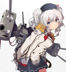 Rule 34 | 1girl, black socks, blurry, cannon, closed mouth, depth of field, epaulettes, grey eyes, grey jacket, grey skirt, jacket, kantai collection, kashima (kancolle), leaning to the side, looking at viewer, machinery, neckerchief, ogipote, pleated skirt, red neckerchief, rigging, searchlight, silver hair, skirt, smile, socks, solo, standing, turret, two side up